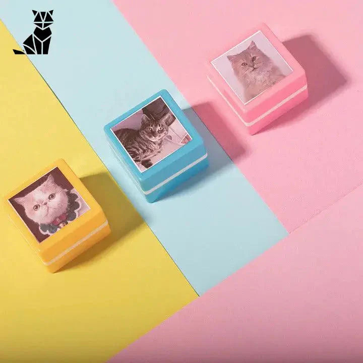 Pawprints™ : Your Animal as an Art Stamp avec des petits cadres photos carrés sur fond coloré
